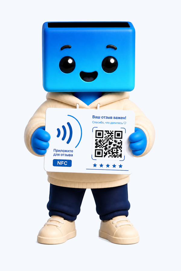 Персонаж Revbox с NFC-карточкой для сбора отзывов